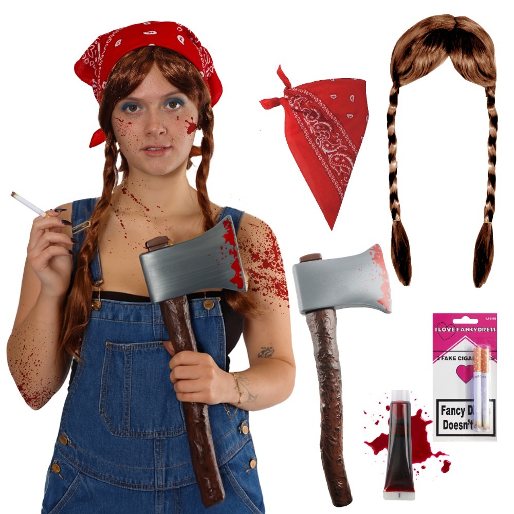 Click to view product details and reviews for Adults 70s Horror Farm Girl Costume 5 Pcs Bandana Plaited Wig Bloody Axe Fake Blood Fake Cigarettes. Click to view product details and reviews for Adults 70s Horror Farm Girl Costume 5 Pcs Bandana Plaited Wig Bloody Axe Fake Blood Fake Cigarettes.