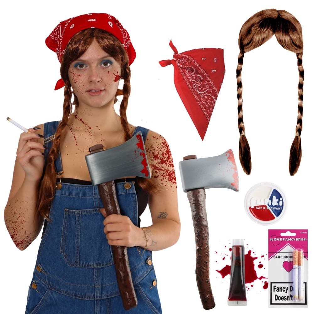 Click to view product details and reviews for Adults 70s Horror Farm Girl Costume 6 Pcs Bandana Plaited Wig Bloody Axe Fake Blood Fake Cigarettes Face Paint. Click to view product details and reviews for Adults 70s Horror Farm Girl Costume 6 Pcs Bandana Plaited Wig Bloody Axe Fake Blood Fake Cigarettes Face Paint.