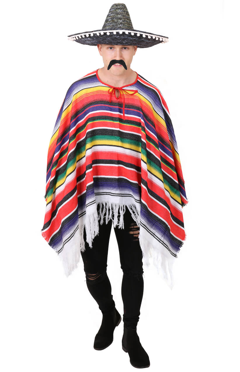 Mens Black Mexican Costume 3 Piece Sombrero Poncho Moustache