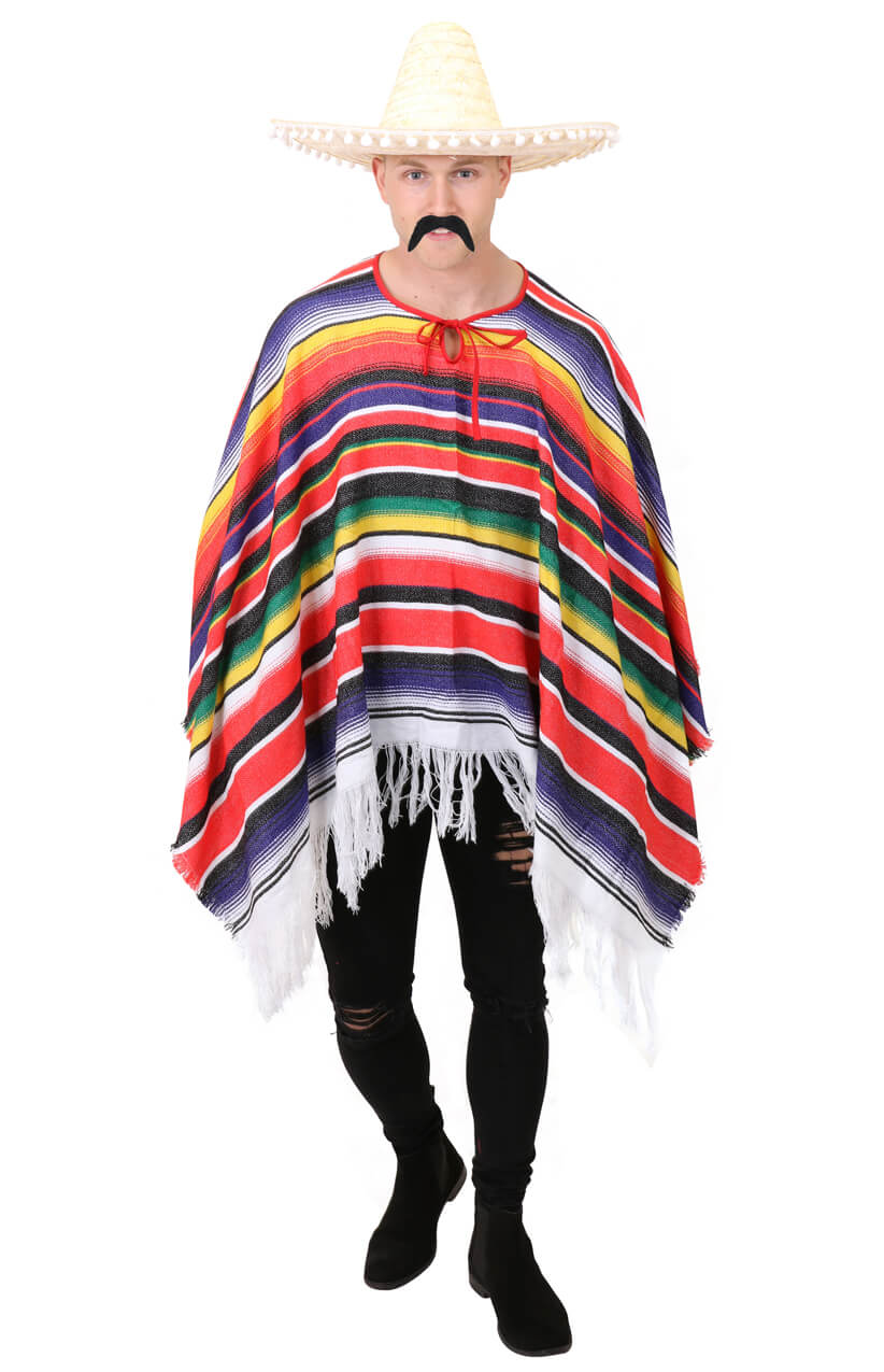 Mens Natural Mexican Costume 3 Piece Sombrero Poncho Moustache