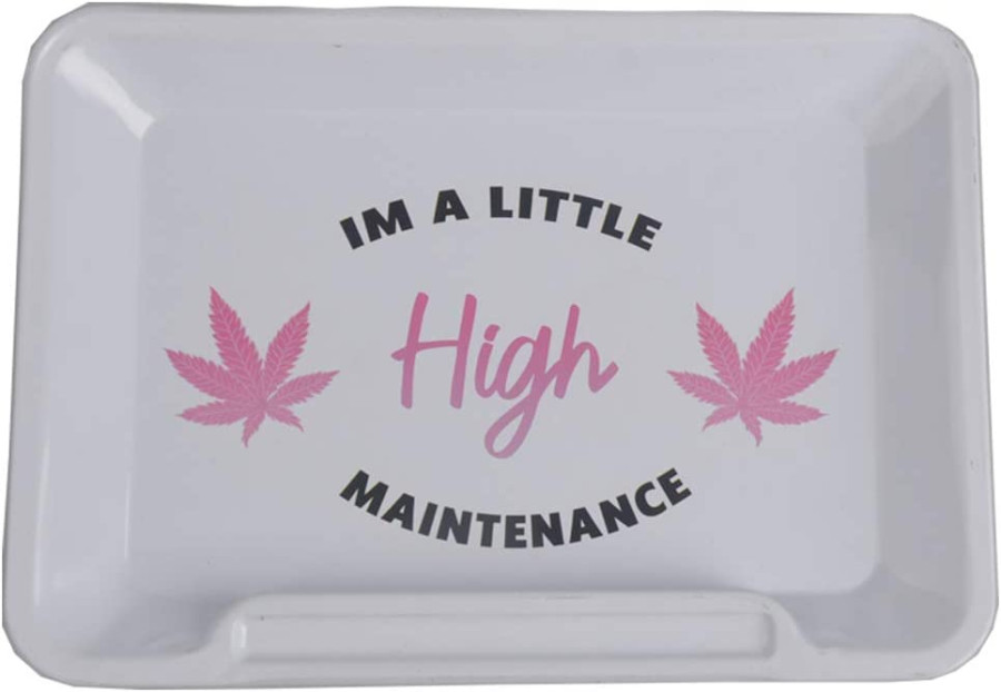 Metal Rolling Tray with Paper Holder Smoking Gifts Tattoo Small  - Design=High Maintenance - HM5401