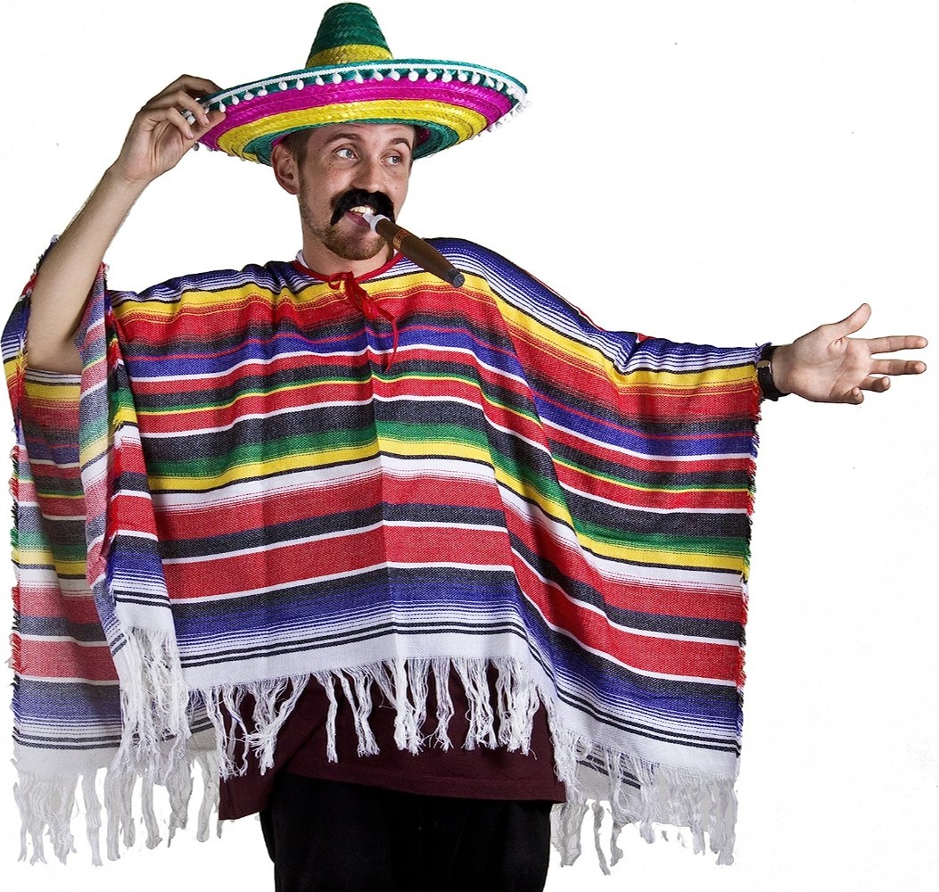Mexican Poncho Sombrero & Tash Western Costume 9 Colours