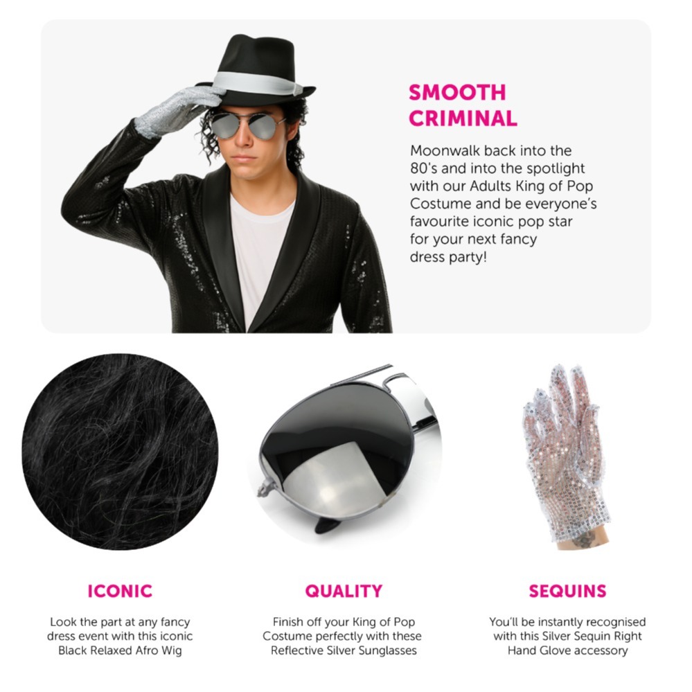 Adults King of Pop Costume | 5 Pcs | Sequin Tailcoat, Hat, Wig, Glasses & Gloves