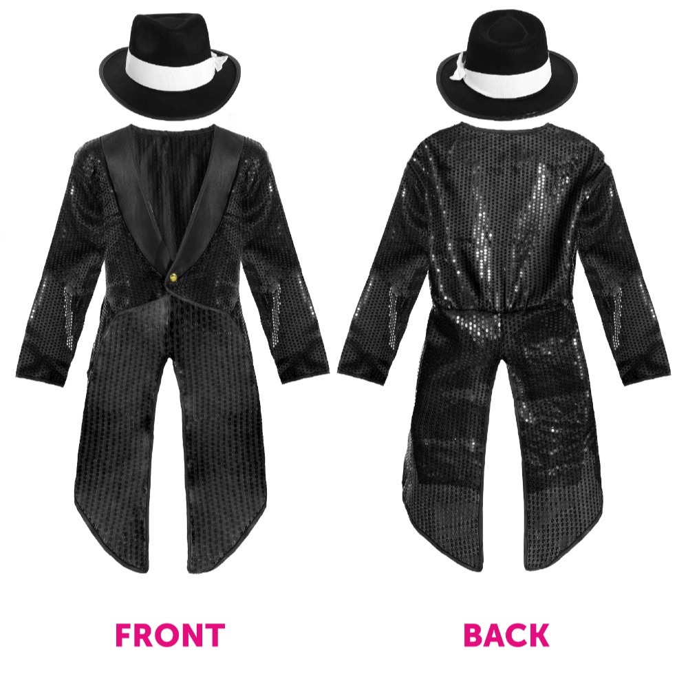 Adults King of Pop Costume | 5 Pcs | Sequin Tailcoat, Hat, Wig, Glasses & Gloves