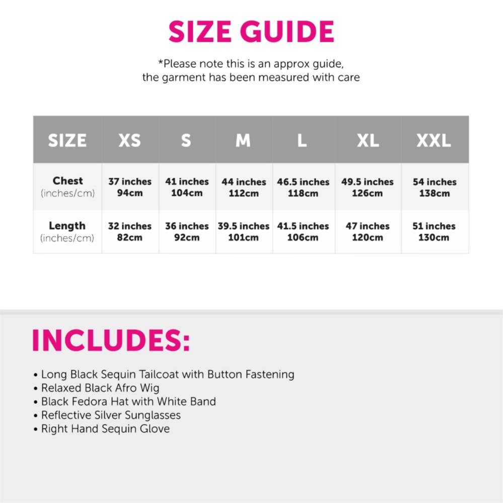 Adults King of Pop Costume | 5 Pcs | Sequin Tailcoat, Hat, Wig, Glasses & Gloves