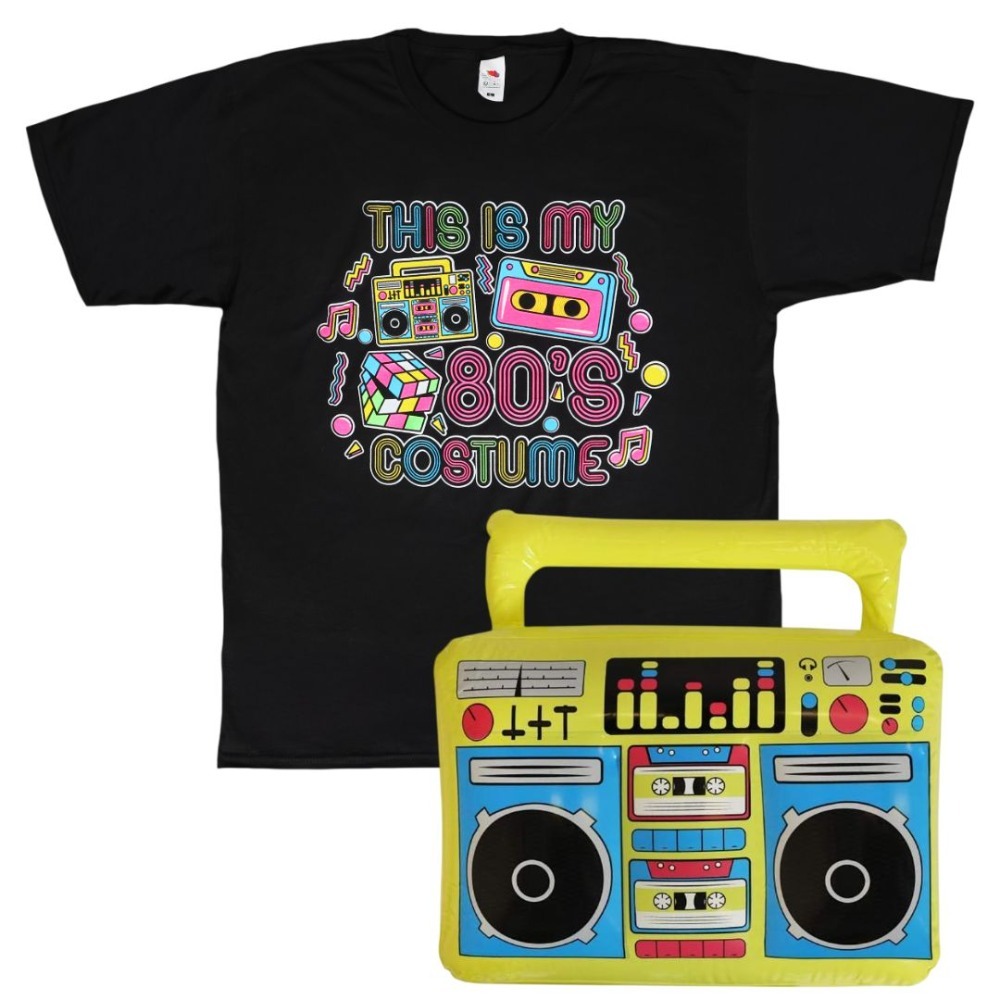 Click to view product details and reviews for Adults 80&rsquo;s Costume 2 Pcs Black Graphic Tee Inflatable Boom Box Large.