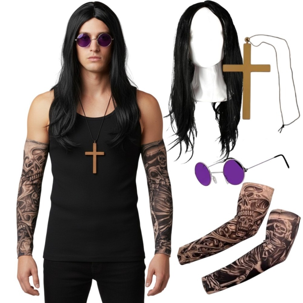 Prince of Darkness Costume | 5 Pcs | Black Vest, Wig, Glasses, Tattoo Sleeves & Cross Necklace