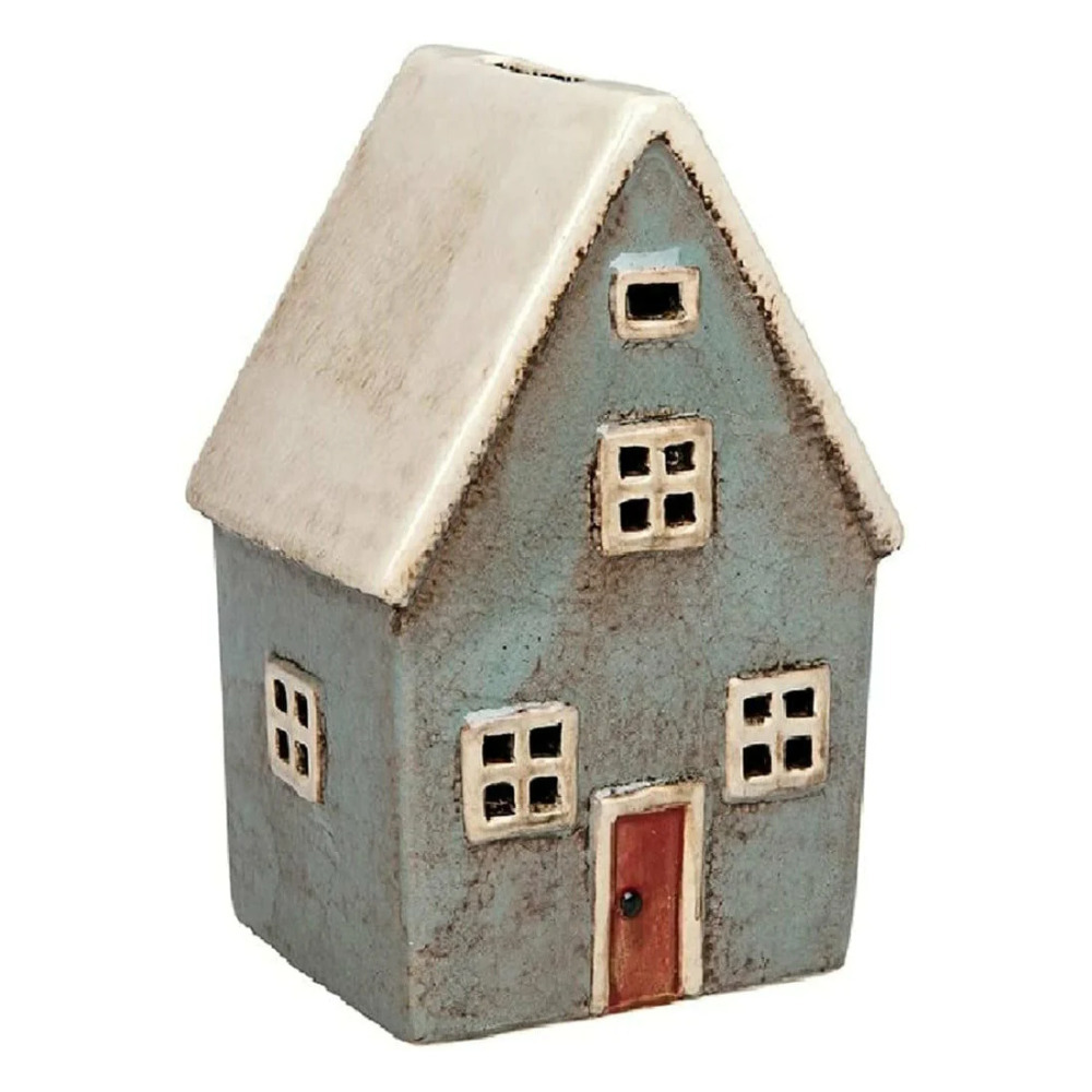 Money Box Ceramic Village Pottery Decorative Tall Grey Blue House Ornament