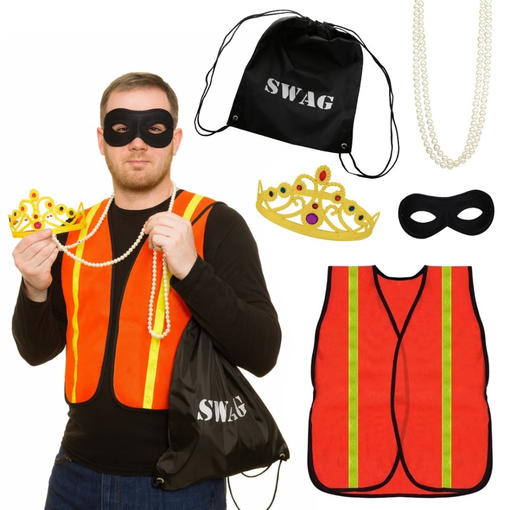 Adults Louvre Thief Costume | 5 Pcs | Hi Vis, Crown, Swag Bag, Eye Mask & Pearls