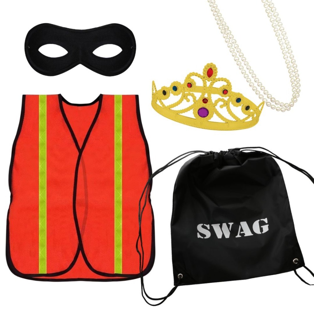 Adults Louvre Thief Costume | 5 Pcs | Hi Vis, Crown, Swag Bag, Eye Mask & Pearls