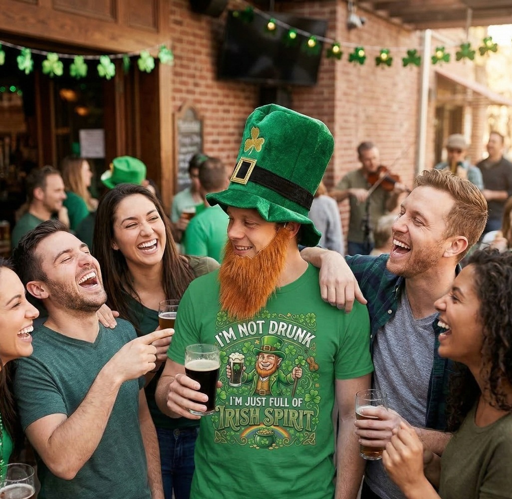Adults Funny St Patricks Day T-Shirt | “I'm not Drunk I'm Just Full of Irish Spirit" | Green Tee with Green Print