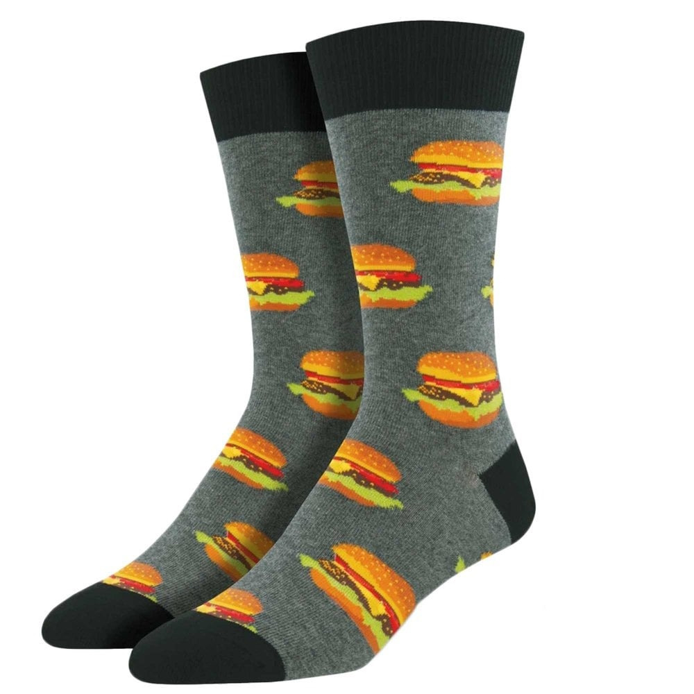 Novelty Mens Socks Socksmith Funny Burger Crew Socks 1 Pair Grey UK 6.5-12