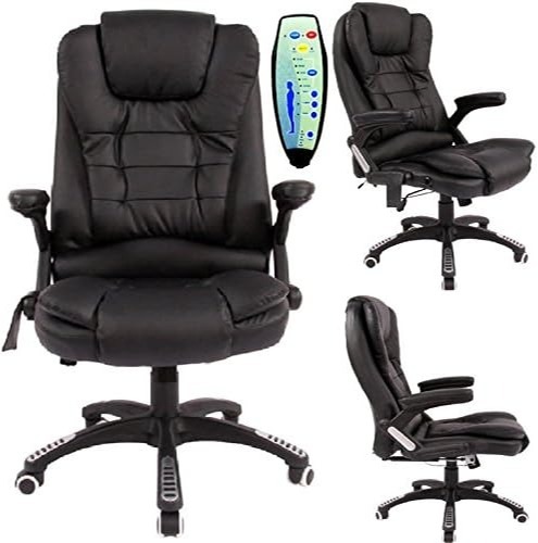 Office Deluxe Reclining Comfort Luxury Leather Executive 6 Point Massage Chair PU Leather with 360­­° Swivel and Height Adjustment (Black)