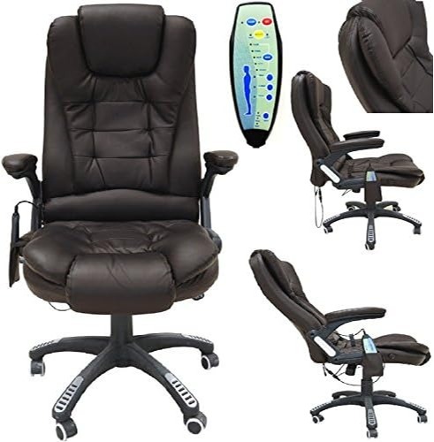 Office Deluxe Reclining Comfort Luxury Leather Executive 6 Point Massage Chair PU Leather with 360­­° Swivel and Height Adjustment (Brown)