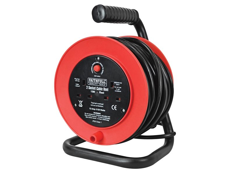 Open Drum Cable Reel 240 Volt 15 Metre 13 Amp 2 Socket FPPCR15