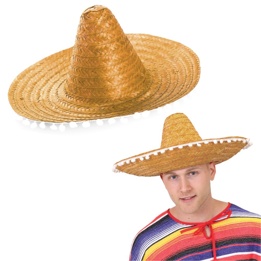 Orange Mexican Sombrero with Pom Pom Edging