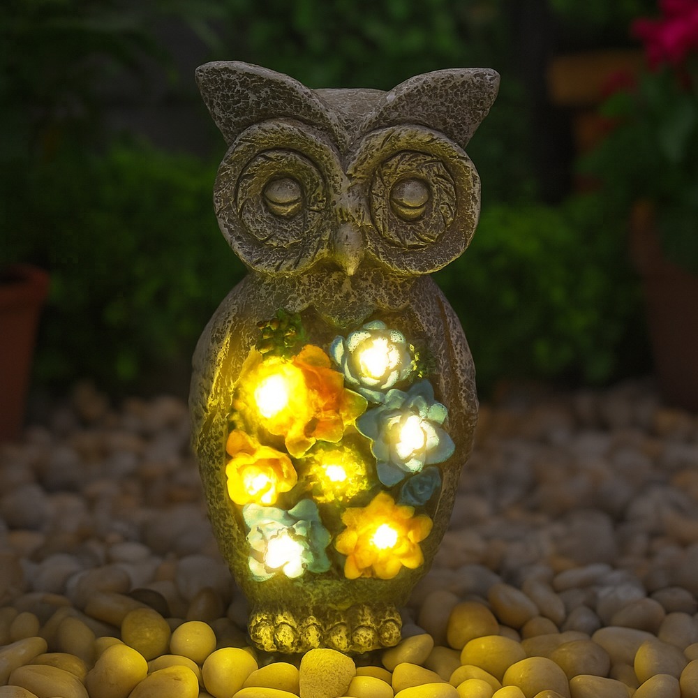 Solar Owl Statue - 23cm (9 Inch) - Garden Ornament with Succulent & Solar LED Lights - Outdoor Decor for Patio, Balcony & Gifts