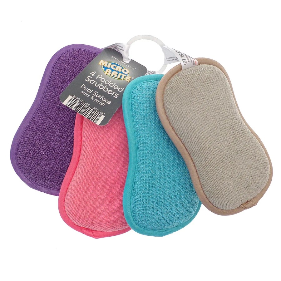 Country Club Pack Of 4 Padded Scrubbers On Ring Dual Surface Scour Polish