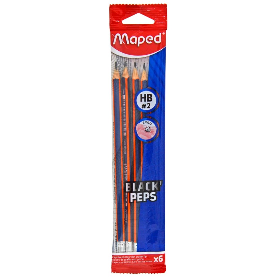 Pack Of 6 HB Graphite Pencils With Eraser Top Maped Black Peps