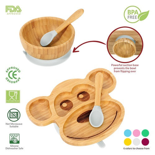 Personalised Bamboo Flo The Monkey Plate Bowl Spoon Set