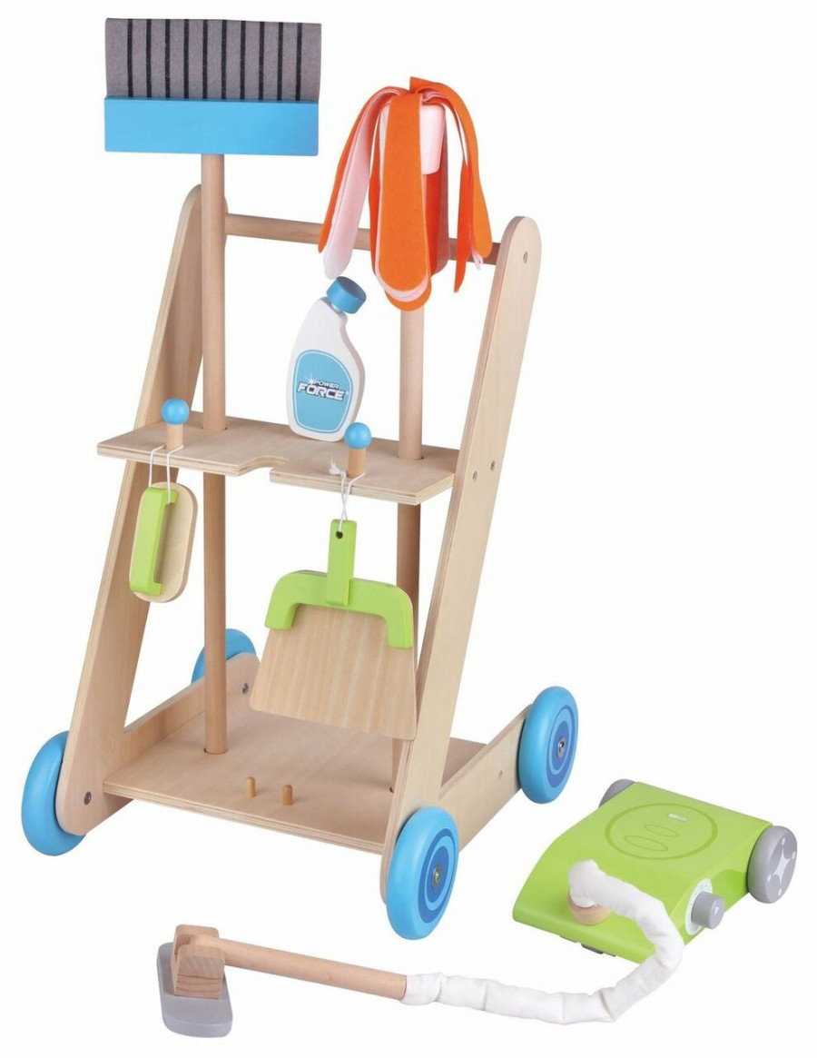 Personalised Wooden Toy Cleaning Cart Trolley Pretend Play Set for Kids