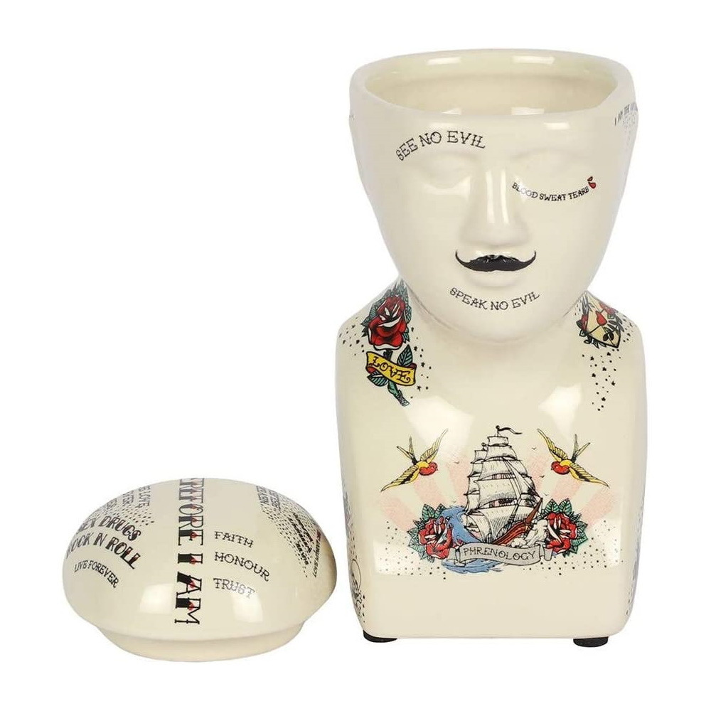 Phrenology Tattoo Head Storage Jar Ceramic Trinket Dish Quirky Home Decor Gift
