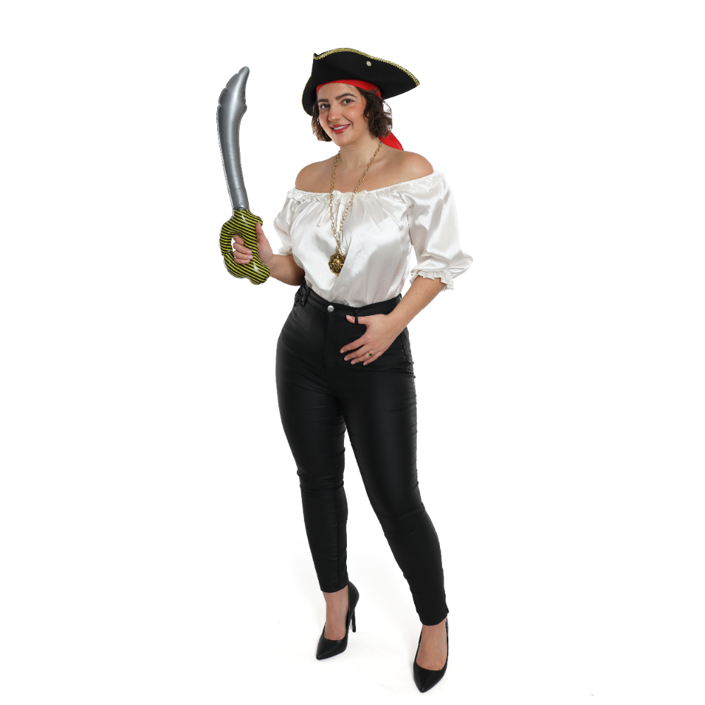 Ladies Pirate Costume Set| 3 Pcs | White Blouse, Hat & Inflatable Sword