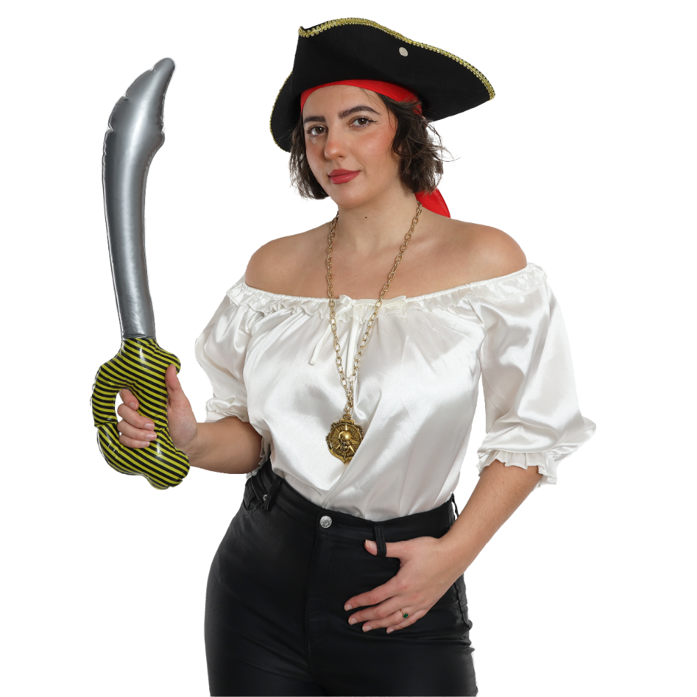 Ladies Pirate Costume Set | 3 Pcs | White Blouse, Hat & Inflatable Sword