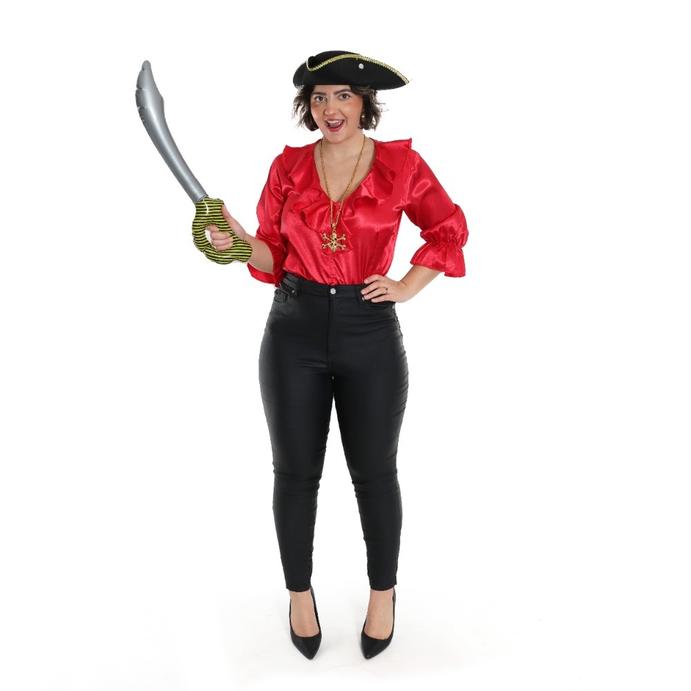 Ladies Pirate Costume Set | 3 Pcs | Red Blouse, Hat & Inflatable Sword