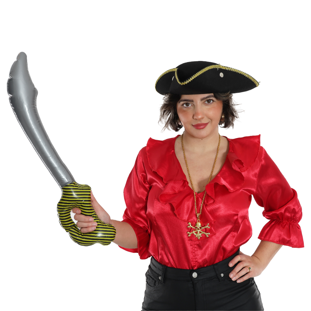 Ladies Pirate Costume Set | 3 Pcs | Red Blouse, Hat & Inflatable Sword