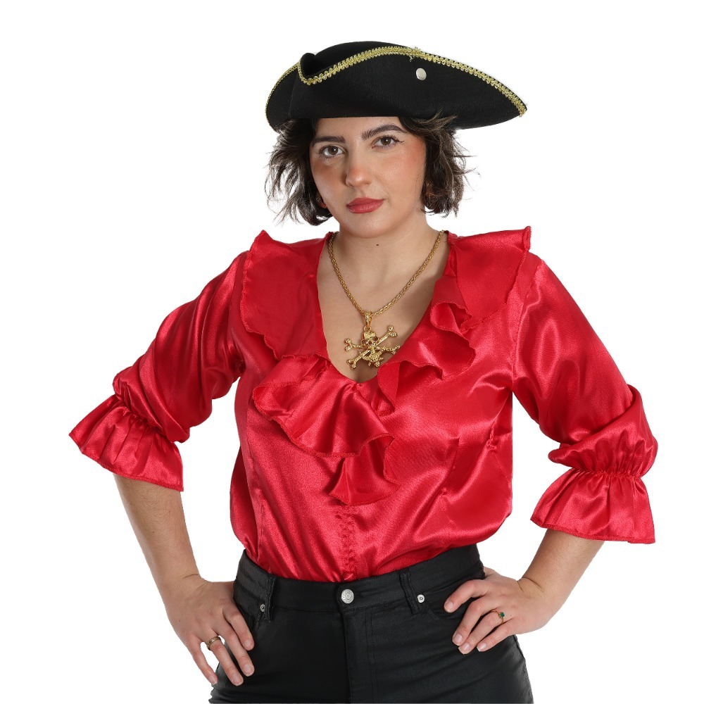 Ladies Pirate Costume Set | 3 Pcs | Red Blouse, Hat & Inflatable Sword