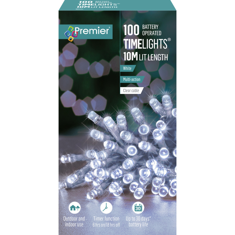 Premier Decorations Battery Power Indoor/Outdoor Timer Function 100 LED Cool White Lights