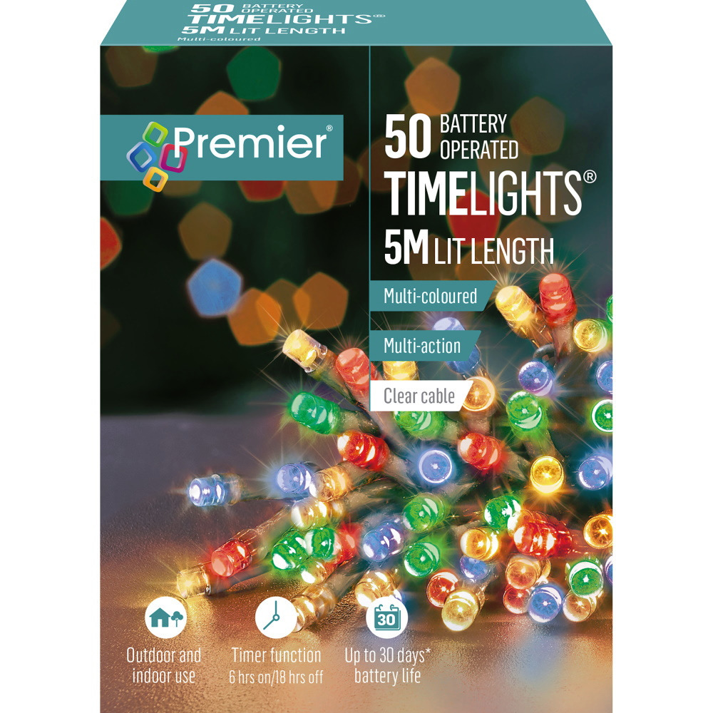 Premier Decorations Battery Power Indoor/Outdoor Timer Function 50 LED Multi-coloured Lights