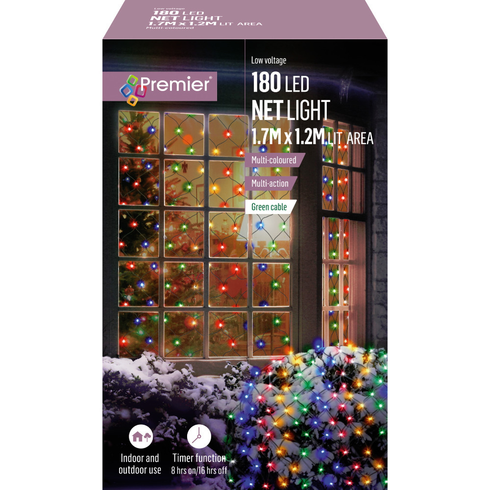 Premier Decorations Christmas Indoor/Outdoor 180 Multi-coloured LEDs Net Light