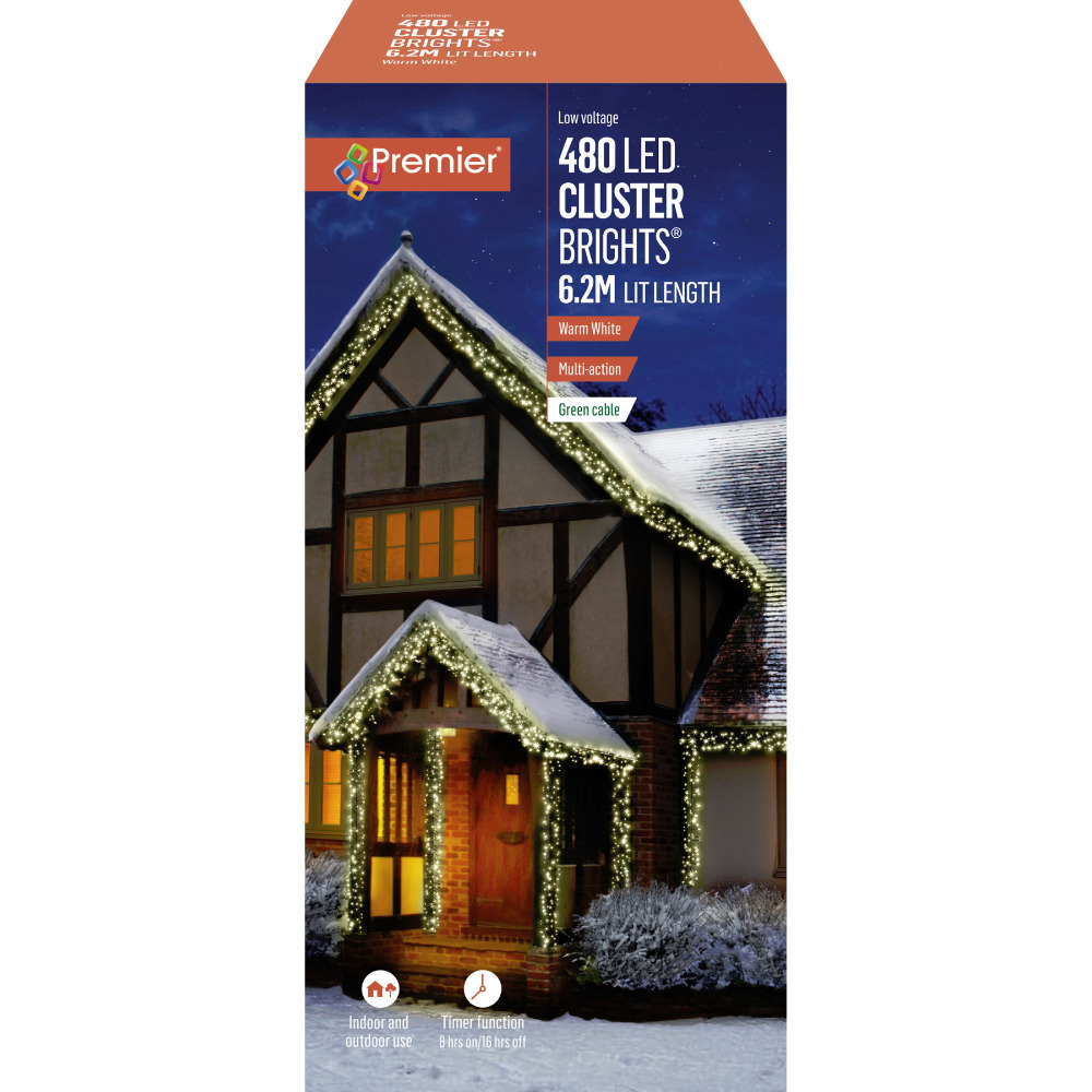Premier Decorations Christmas Indoor/Outdoor 480 LED Warm White Cluster Lights