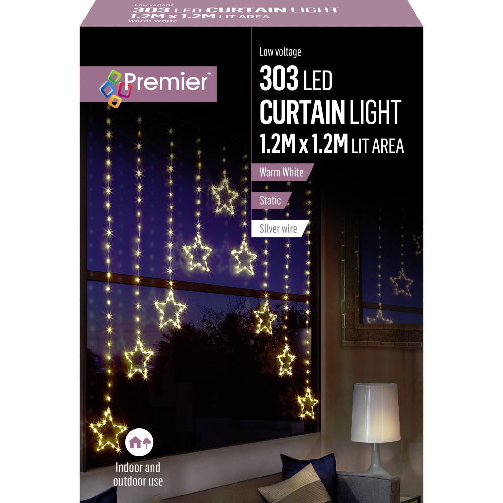 Premier Decorations Christmas Indoor/Outdoor Warm White LED Stars Curtain Light