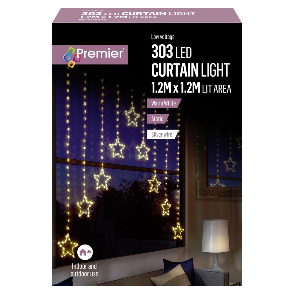 Premier Decorations Warm White LED Hanging Stars Christmas Curtain Lights