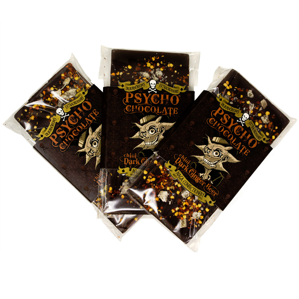 Psycho Chocolate Dark Ginger Beer With Naga Jolokia Chilli Bar Set Of 3 Psycho Chocolate Dark Ginger Beer With Naga Jolokia Chilli Bar Set Of 3