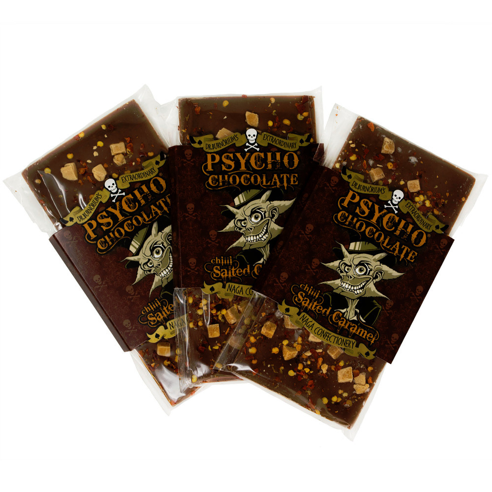 Click to view product details and reviews for Psycho Chocolate Salted Caramel With Naga Jolokia Chilli Bar 3 Pack.
