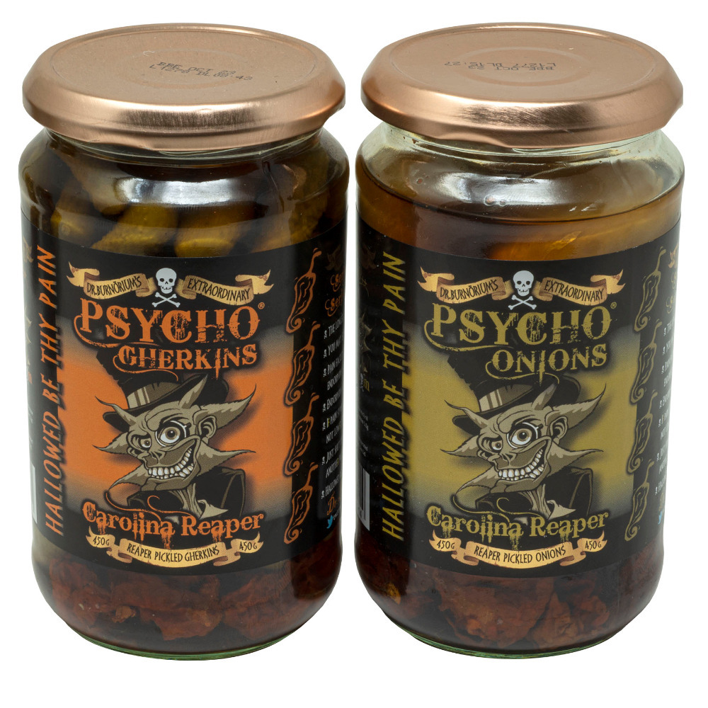 Psycho Pickles Carolina Reaper Chilli Gherkins & Onions Combo 2 x 450g