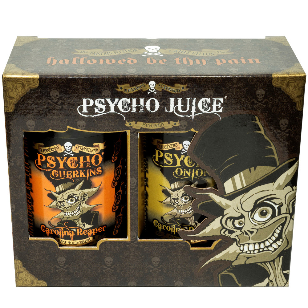 Psycho Pickles Carolina Reaper Chilli Gherkins & Onions Gift Boxed Combo 2 x 450g