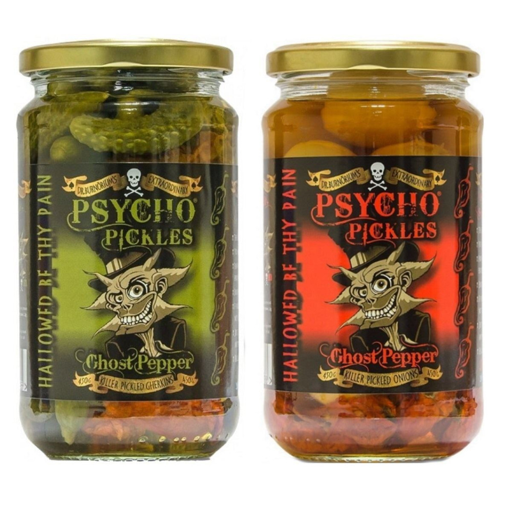 Psycho Pickles Ghost Pepper Chilli Gherkins & Onions Combo 2 x 450g