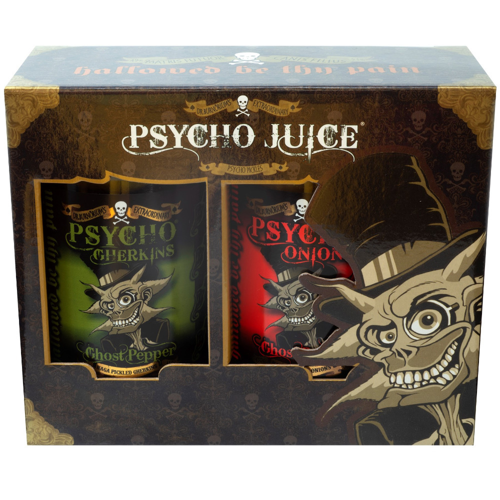 Psycho Pickles Ghost Pepper Chilli Gherkins & Onions Gift Boxed Combo 2 x 450g