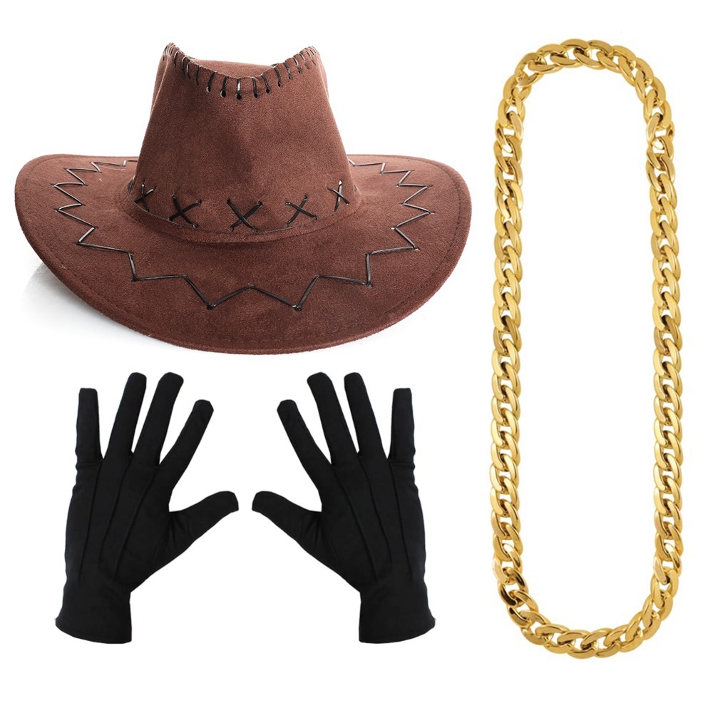 Click to view product details and reviews for Adults Rizz Robot Accessory Set 3 Pcs Cowboy Hat Chain Gloves.