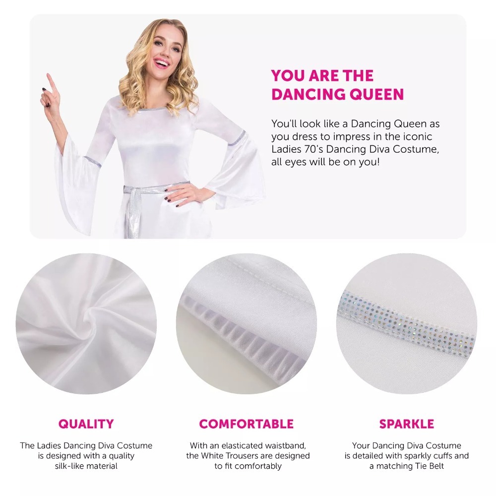 Ladies 1970s Dancing Diva Costume – Disco Fancy Dress Women's Outfit for Queen Vibes