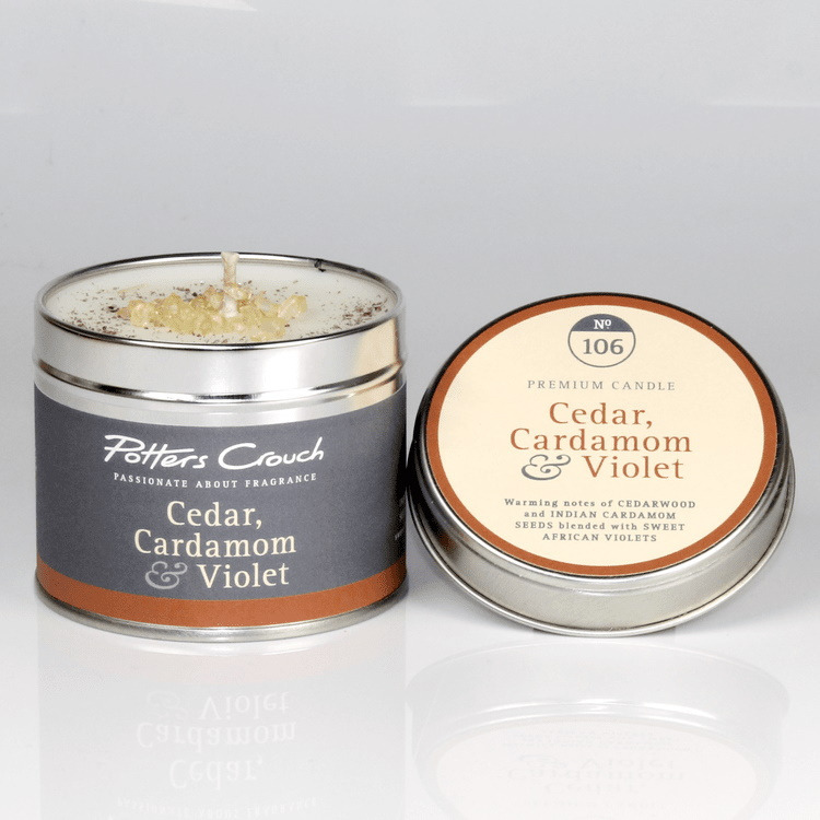 Click to view product details and reviews for Potters Crouch Tin Candle Cedar Cardamom Violet.