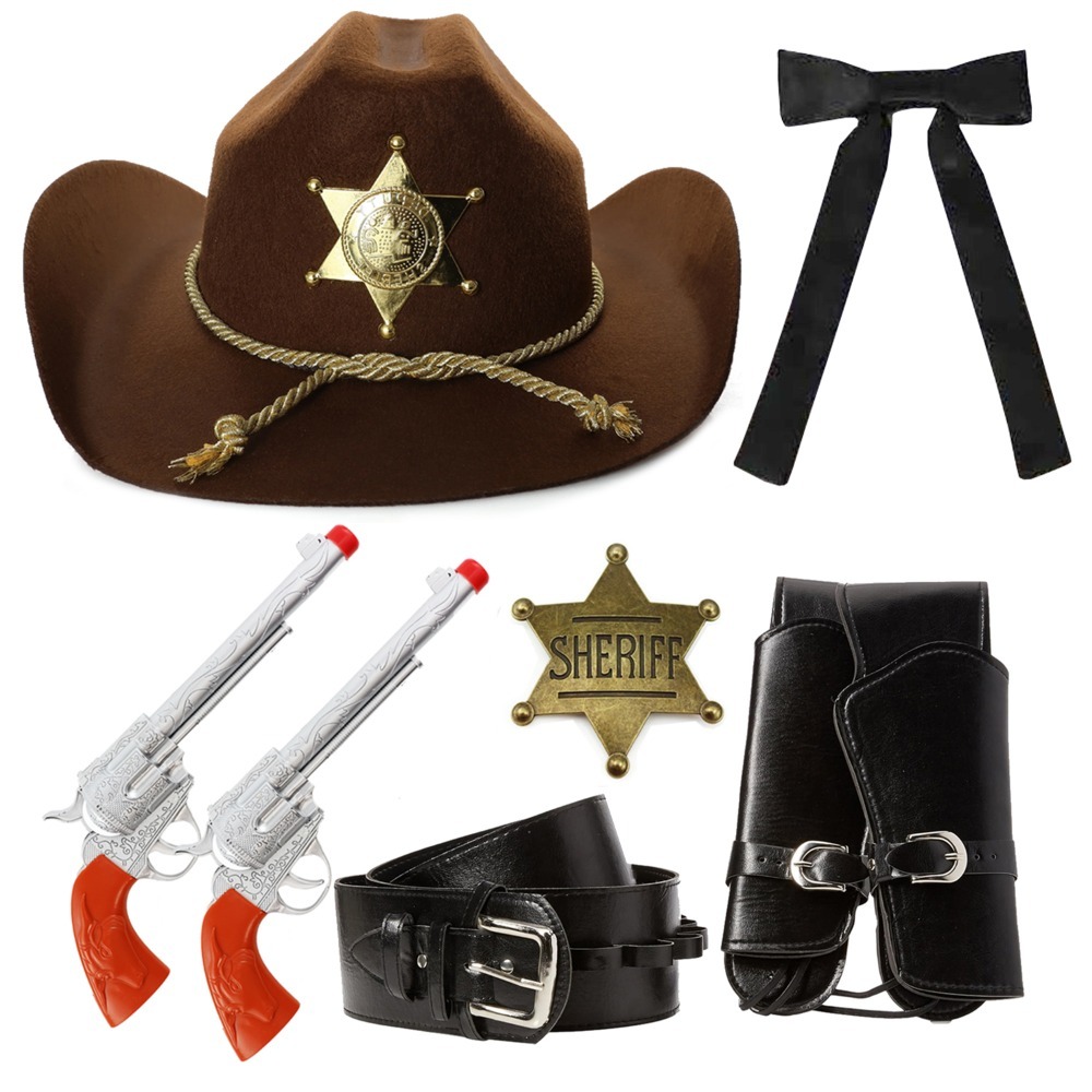 Click to view product details and reviews for Adults Sheriff Accessory Set 5 Pcs Brown Hat Plastic Pistols Gun Holster Gold Badge Western Tie Standard.