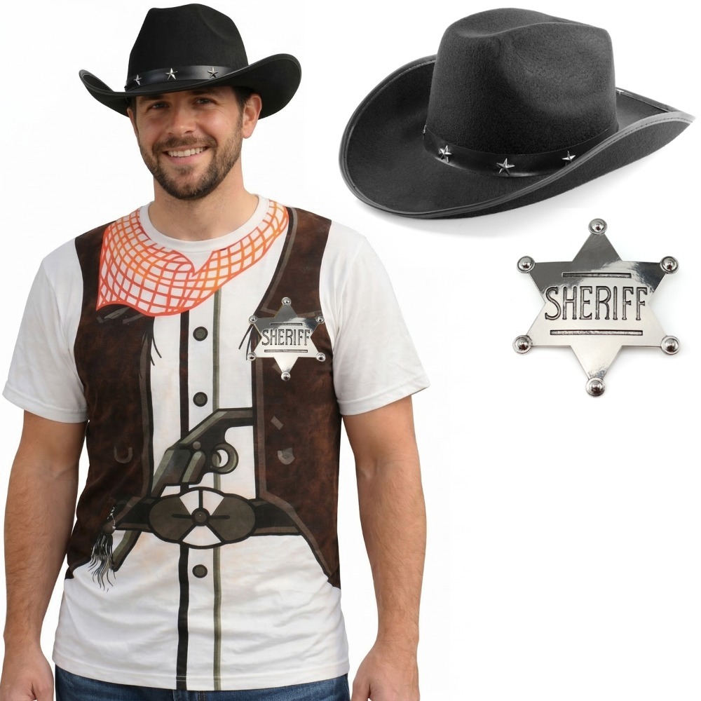 Click to view product details and reviews for Adults Cowboy Costume 3 Pcs T Shirt Black Cowboy Hat Silver Badge Large.