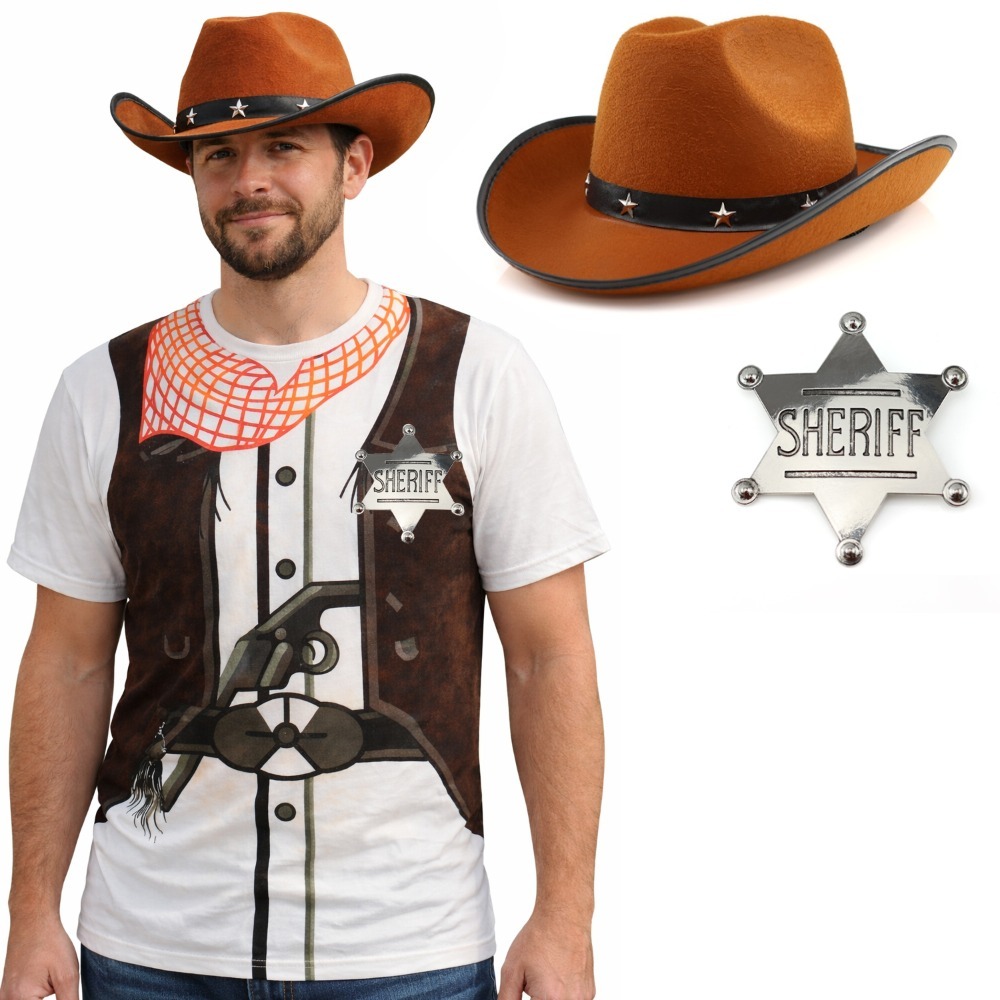 Click to view product details and reviews for Adults Cowboy Costume 3 Pcs T Shirt Brown Cowboy Hat Silver Badge Large.