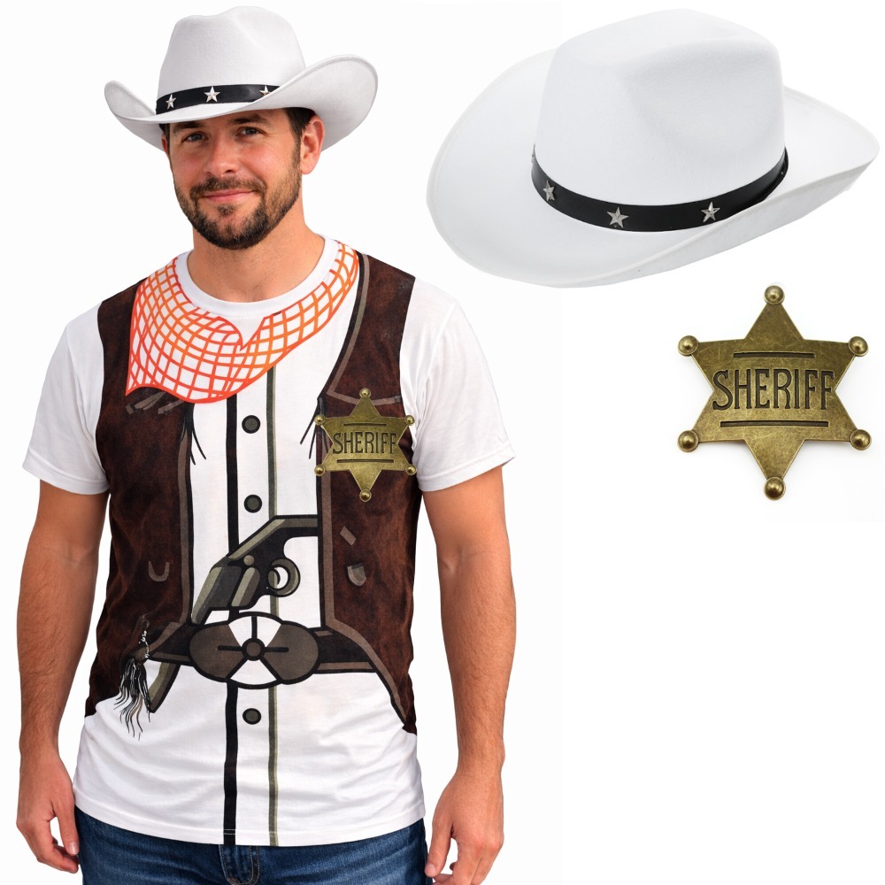 Click to view product details and reviews for Adults Cowboy Costume 3 Pcs T Shirt White Cowboy Hat Gold Badge Large.